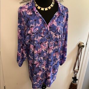 Floral Button-Up Blouse - Purple and Pink